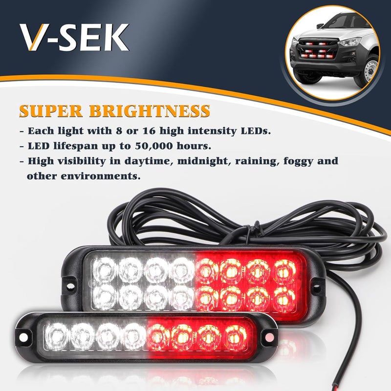 V-SEK 8PCS 96 LED Red White Strobe Lights Kit Sync Feature Ultra Slim Emergency Hazard Warning Flashing Caution Surface Mount for Construction Trucks Vehicles ATV RV Cars Waterproof - Image 4